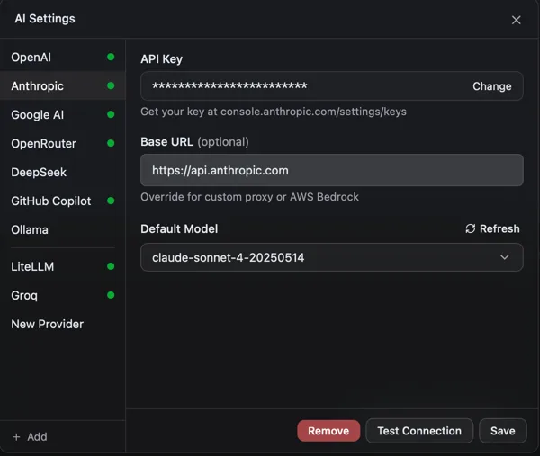 AI provider settings: choose a provider, API key, base URL and model