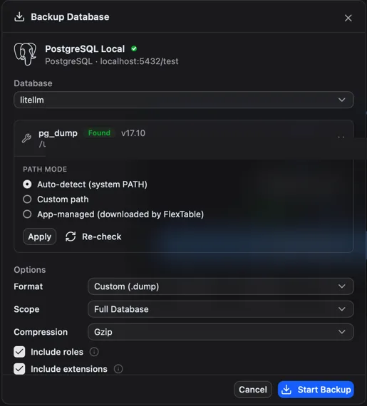 The backup and restore dialog