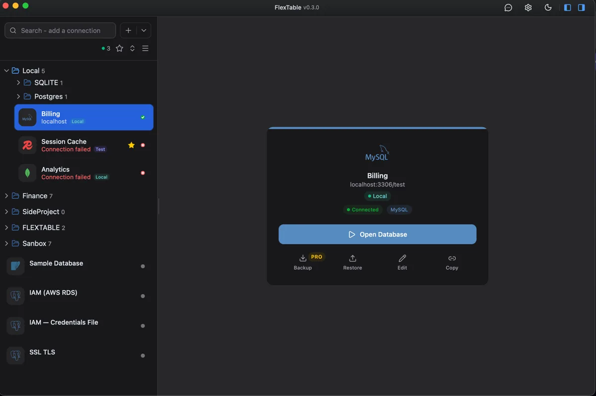 The FlexTable connection manager with grouped connections and a connection detail card